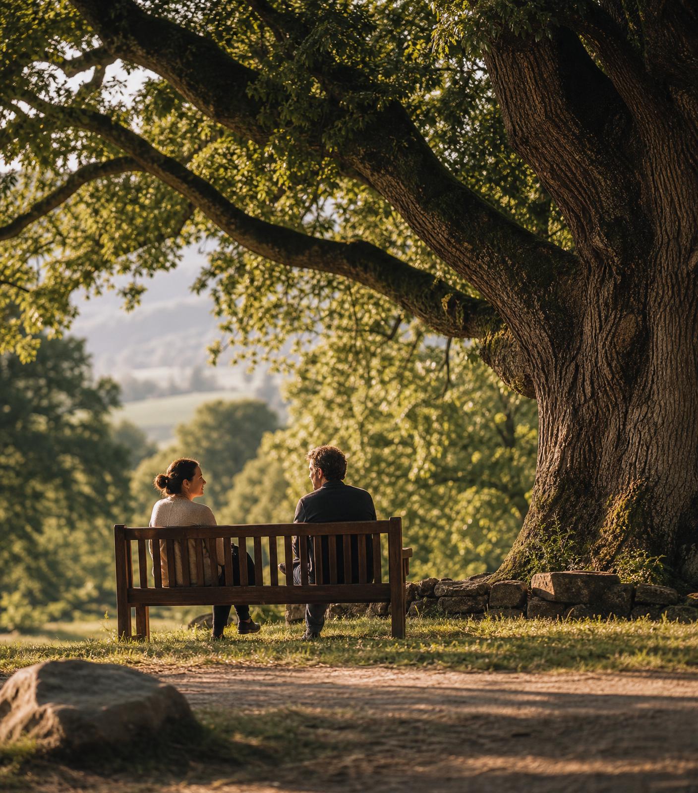 Two people in quiet conversation on a bench beneath a majestic oak